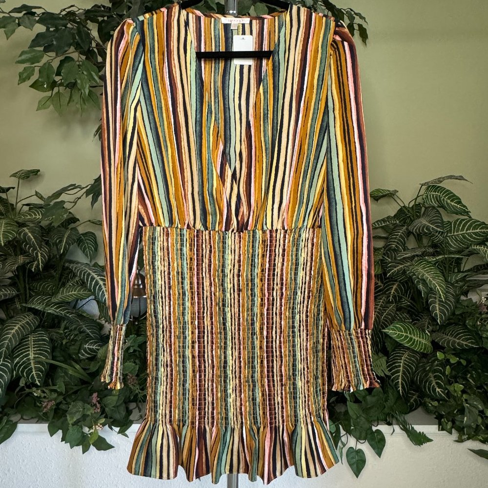 Long Sleeve V-neckline Smocked Skirting Stripes Dress